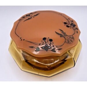 Vtg  Art Deco Glass Amber Vanity/Dresser Powder Jar Celluloid Decorative Lid